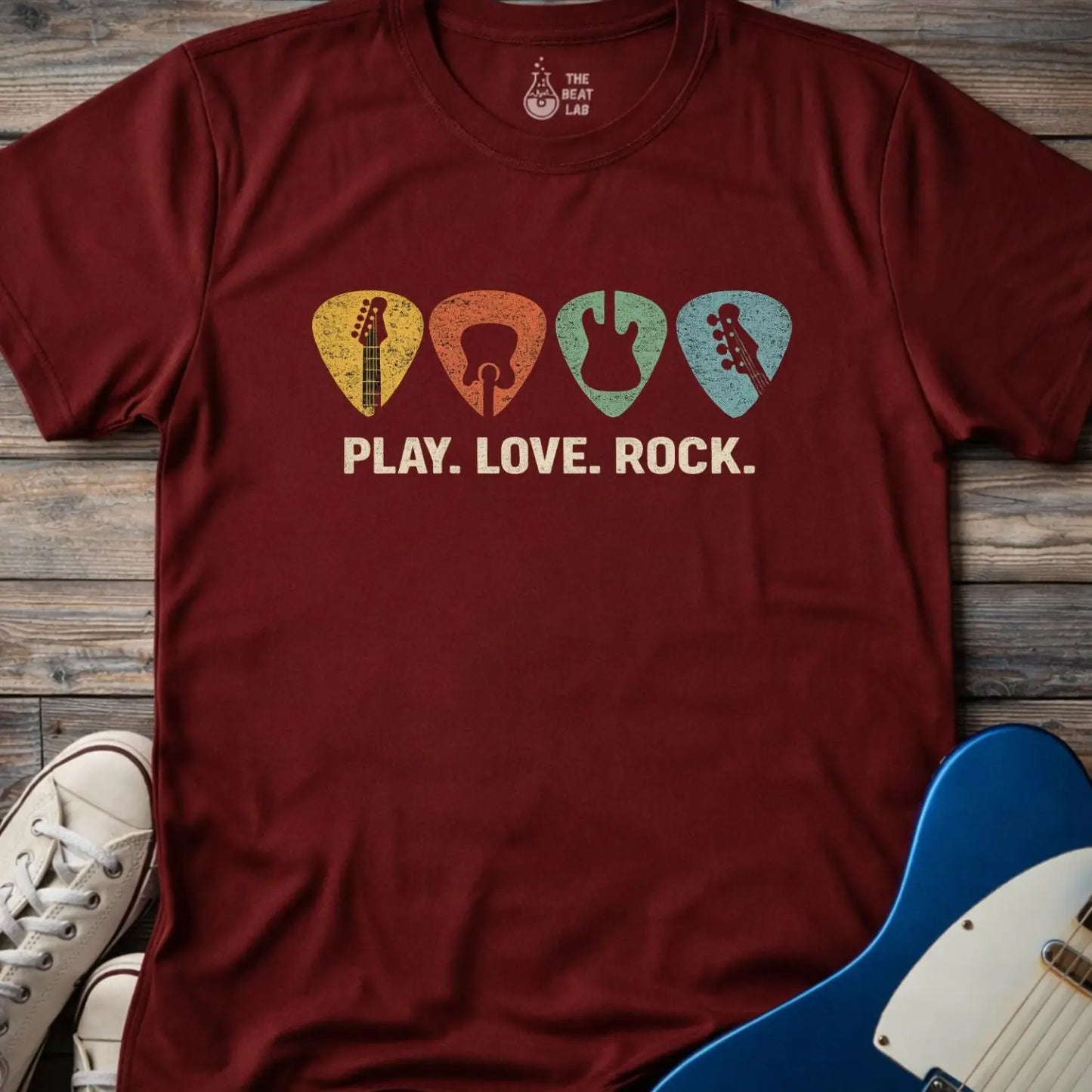 Retro Guitar Pick T-shirt - Maroon / S - T-Shirt