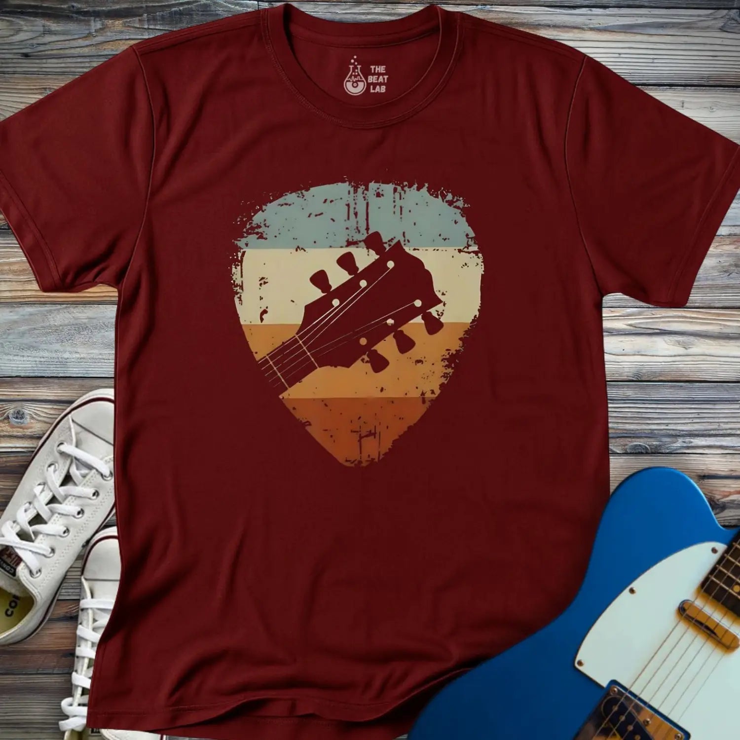 Retro Guitar Pick T-shirt - Maroon / S - T-Shirt