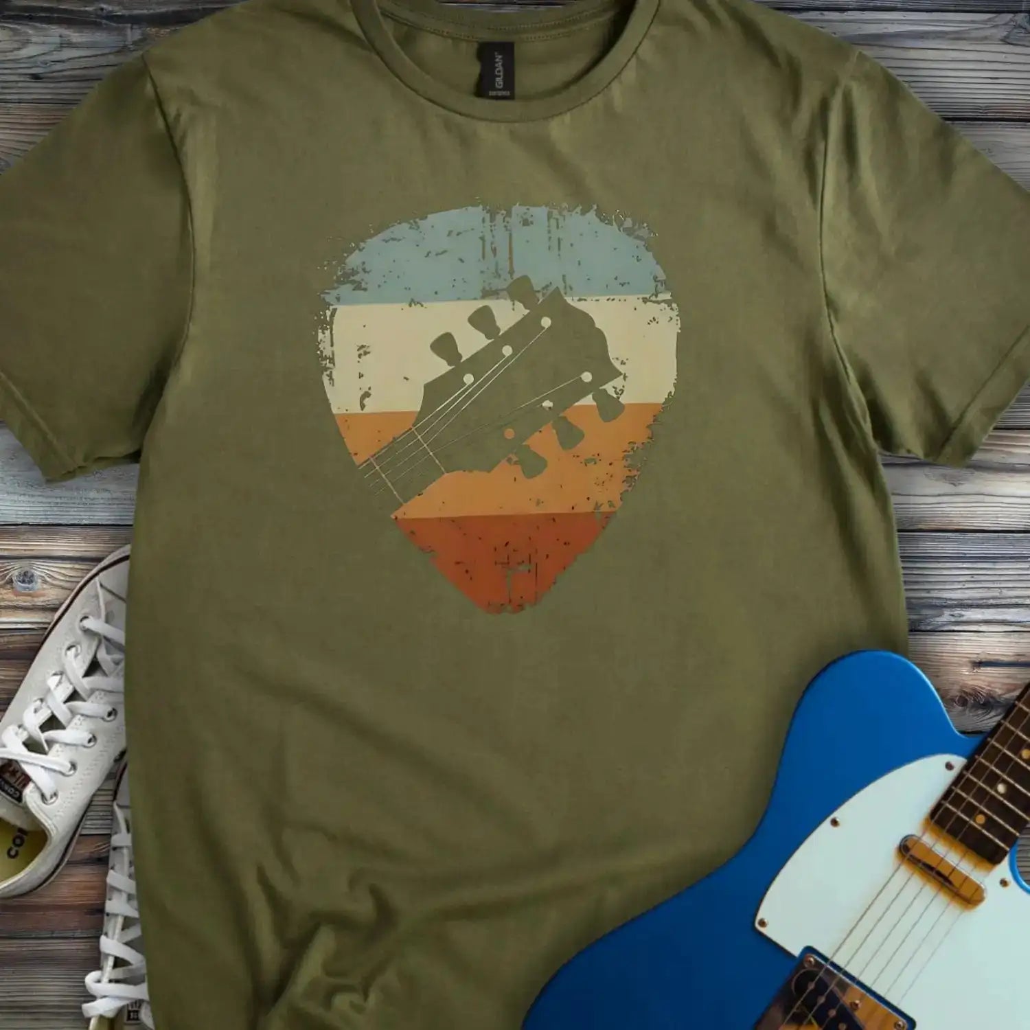 Retro Guitar Pick T-shirt Military Green