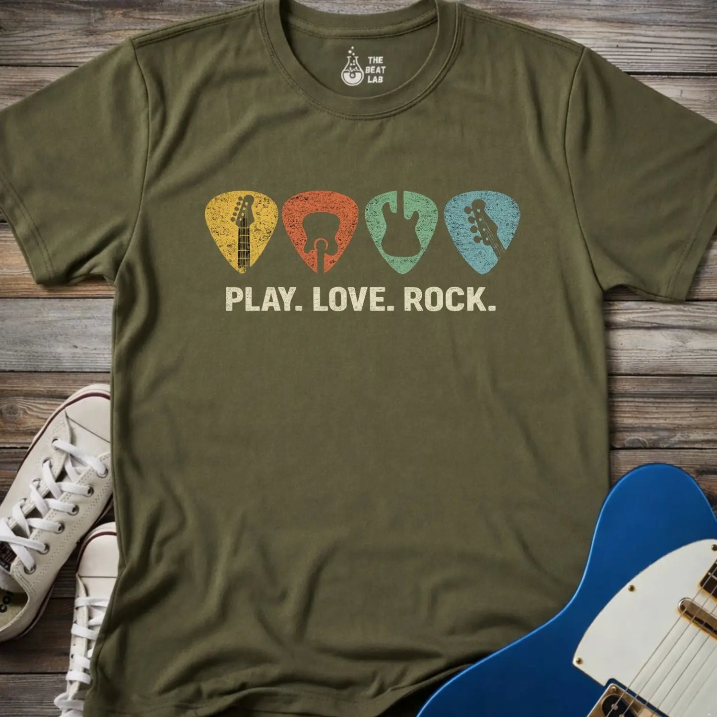 Retro Guitar Pick T-shirt - Military Green / S - T-Shirt