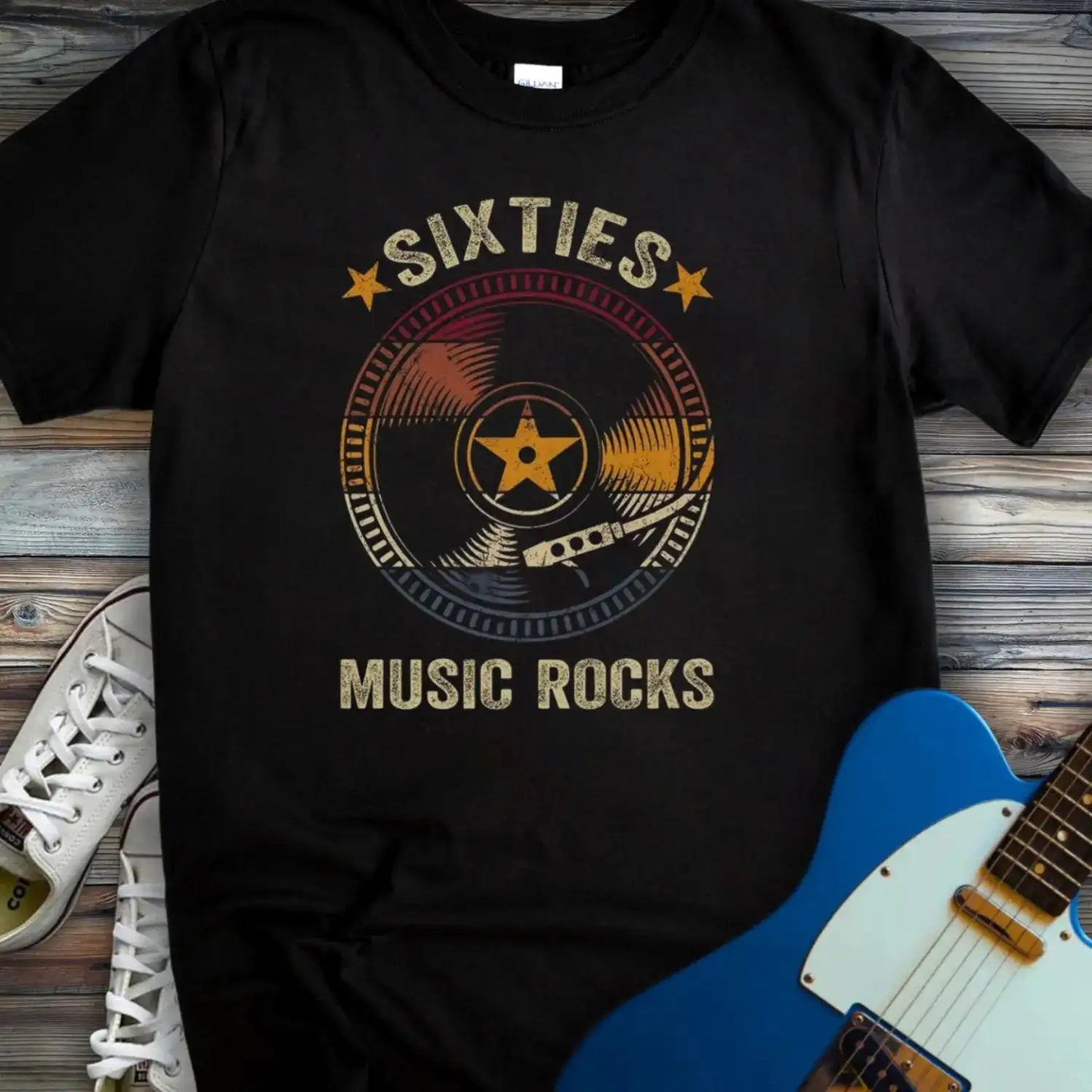Retro sixties vinyl record T-shirt Black