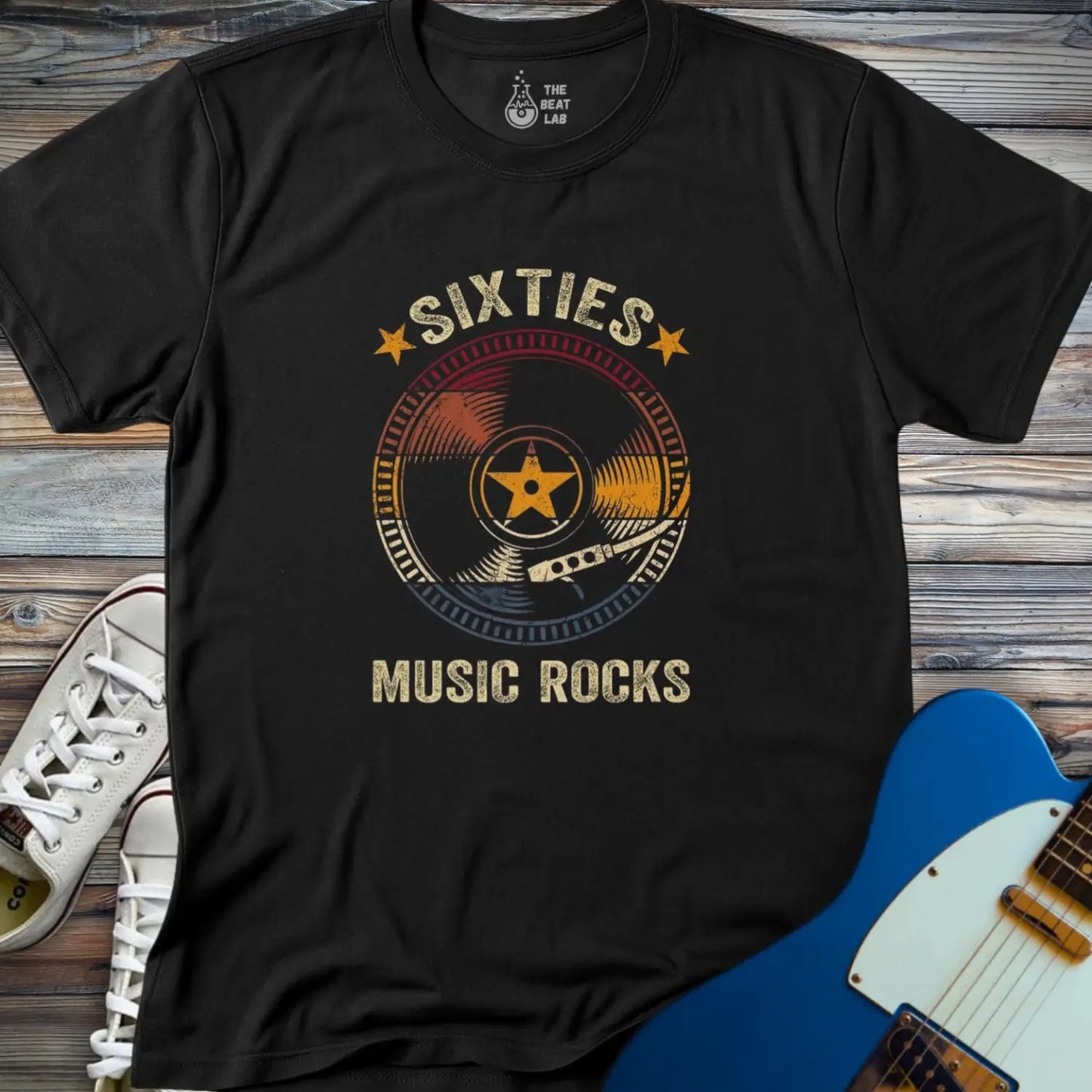 Retro sixties vinyl record T-shirt - Black / S - T-Shirt