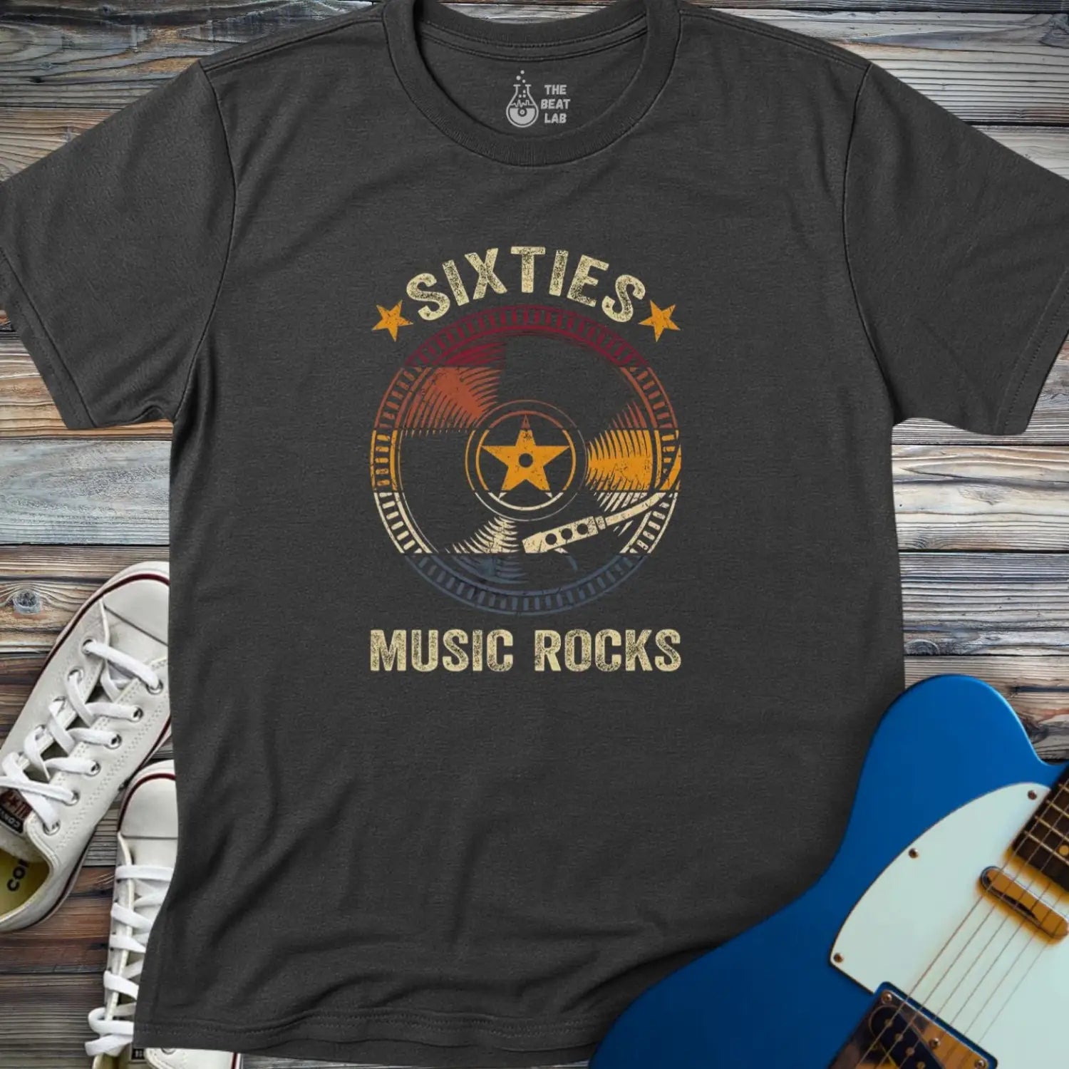 Retro sixties vinyl record T-shirt - Dark Heather Grey / S - T-Shirt