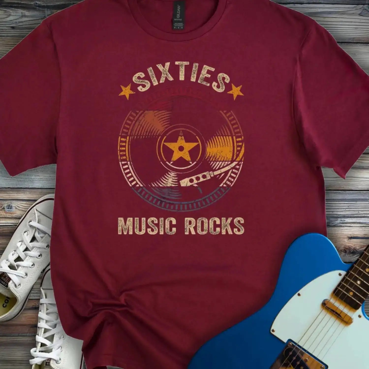 Retro sixties vinyl record T-shirt Maroon