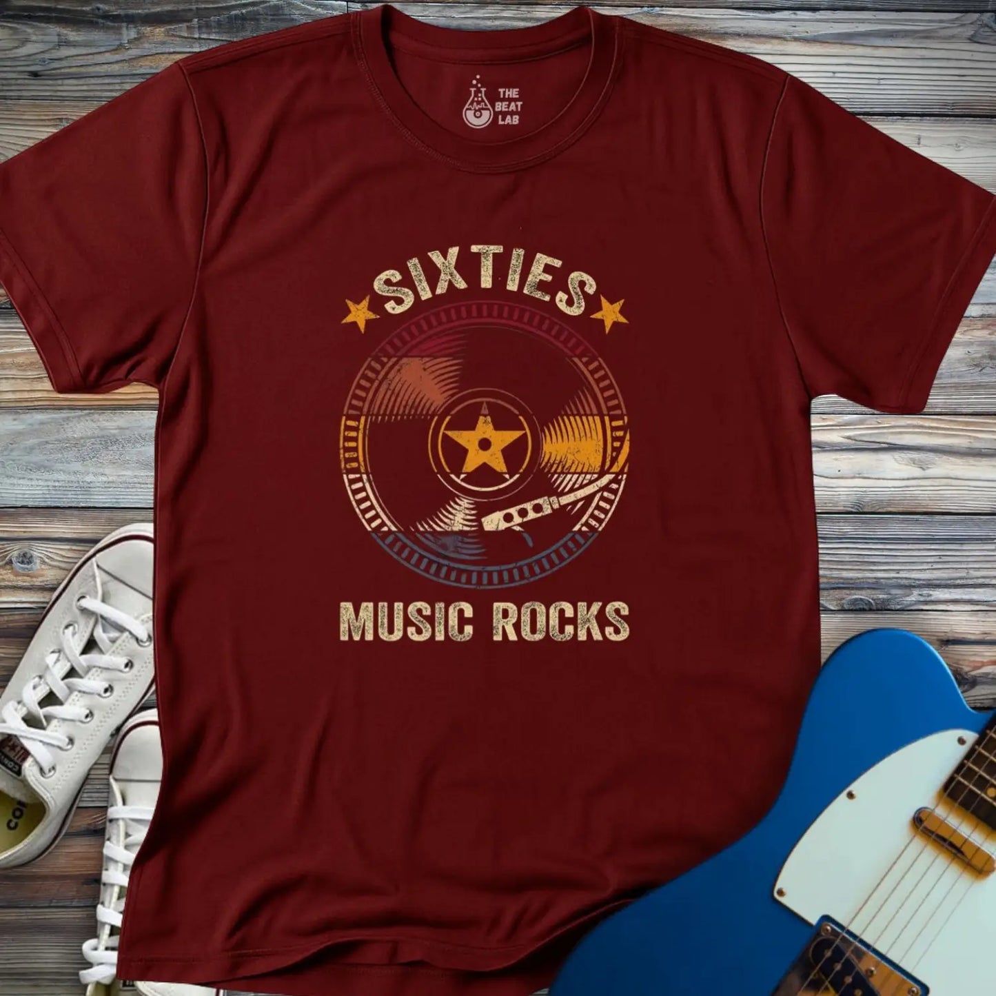 Retro sixties vinyl record T-shirt - Maroon / S - T-Shirt