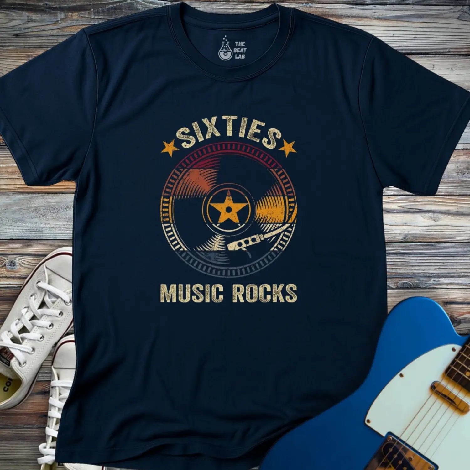 Retro sixties vinyl record T-shirt - Navy / S - T-Shirt