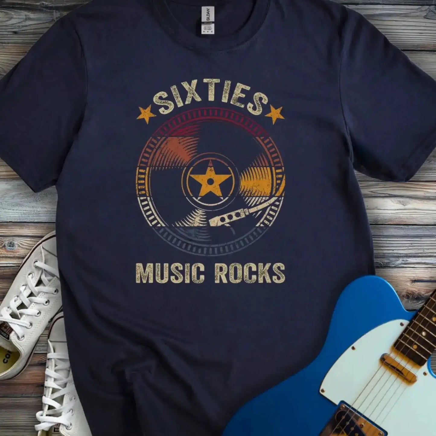 Retro sixties vinyl record T-shirt Navy
