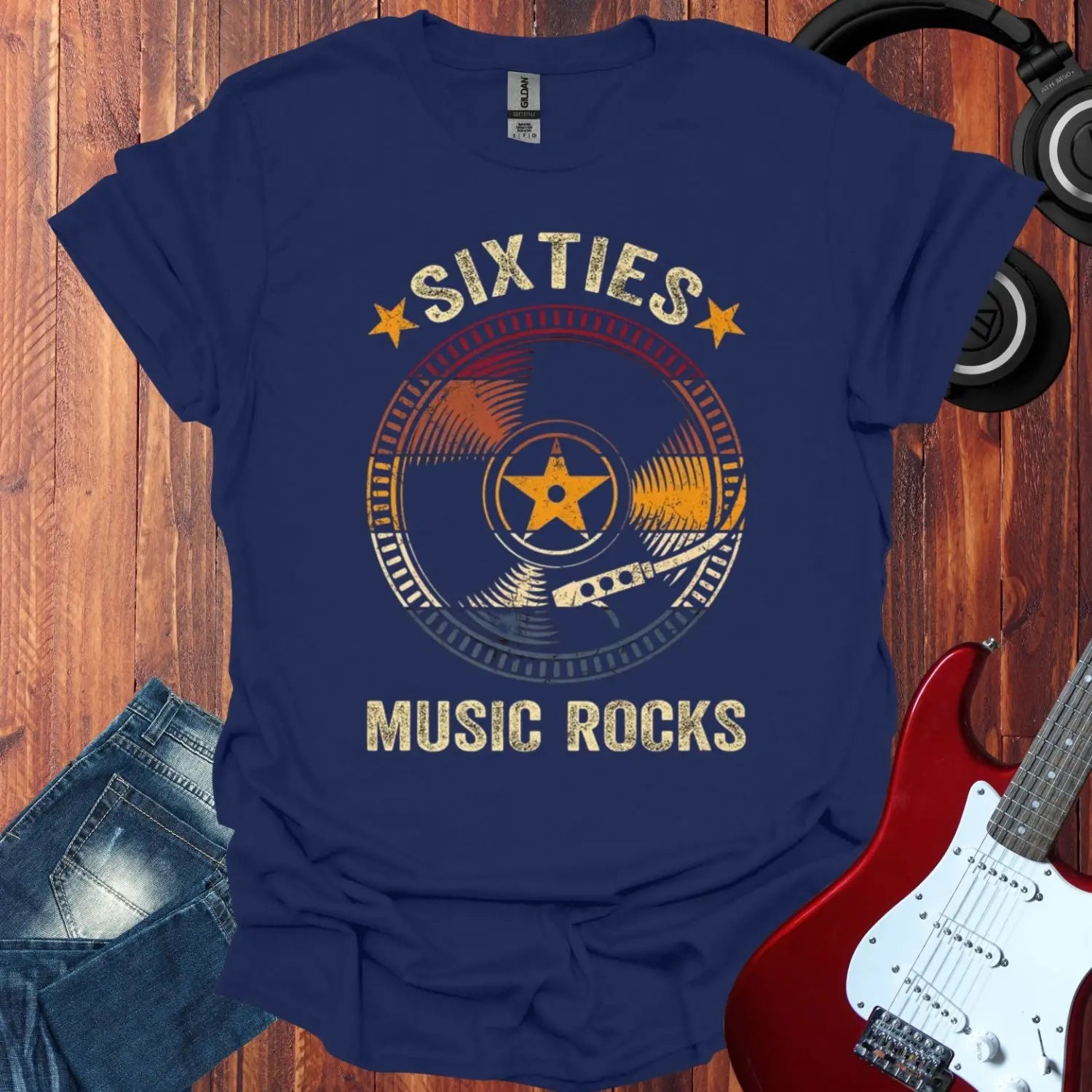 Retro sixties vinyl record T-shirt Navy