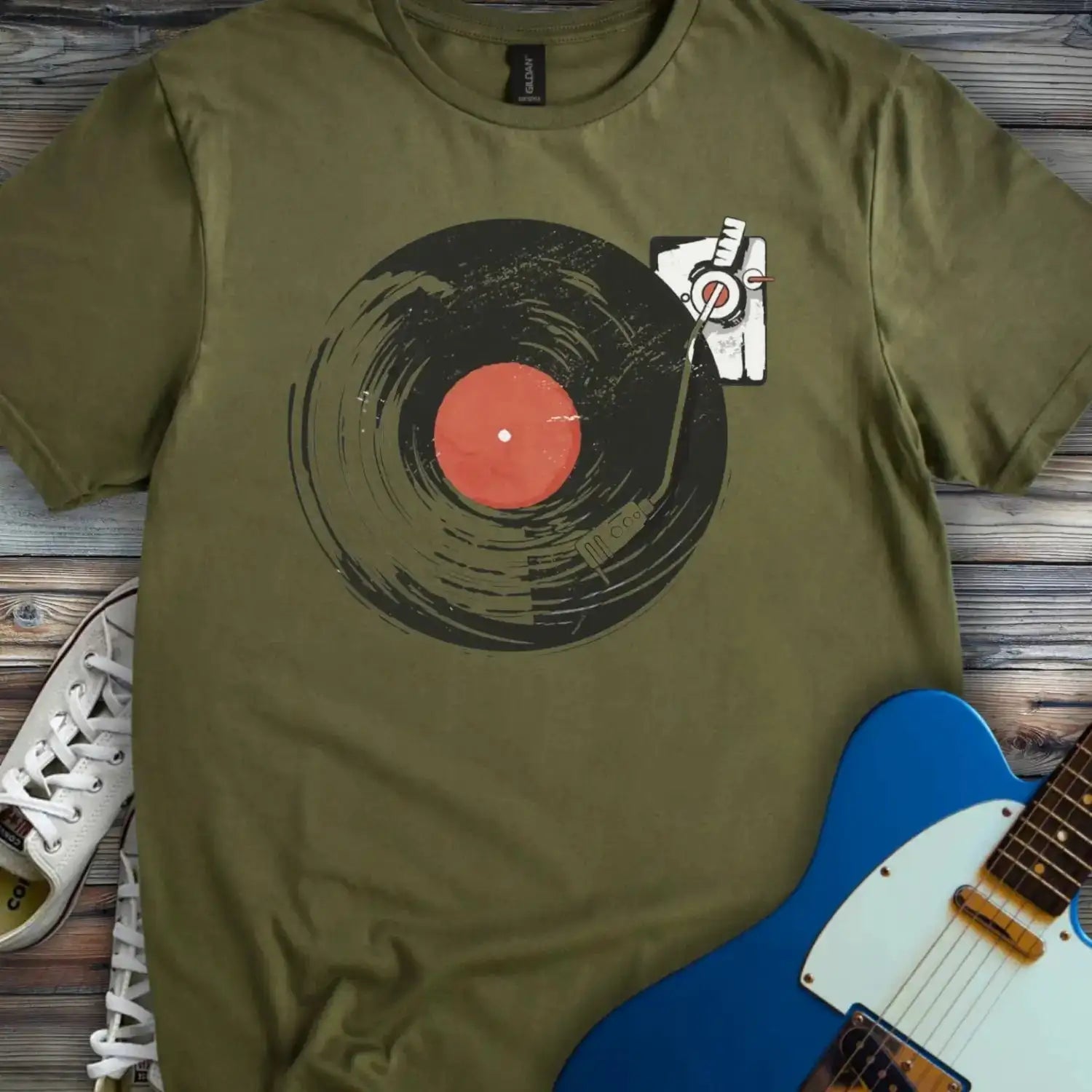 Retro Vinyl Record Player T-shirt Military Green