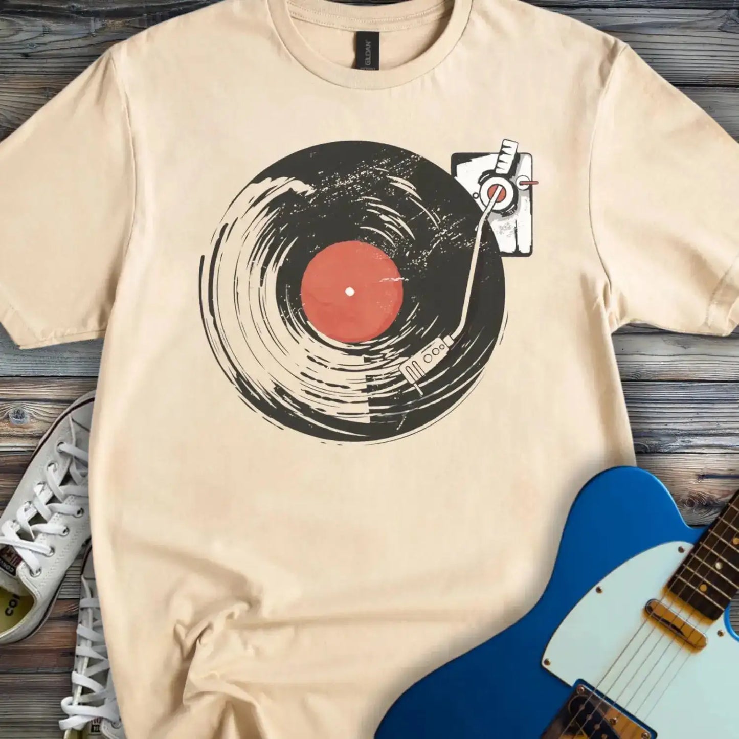 Retro Vinyl Record Player T-shirt Sand