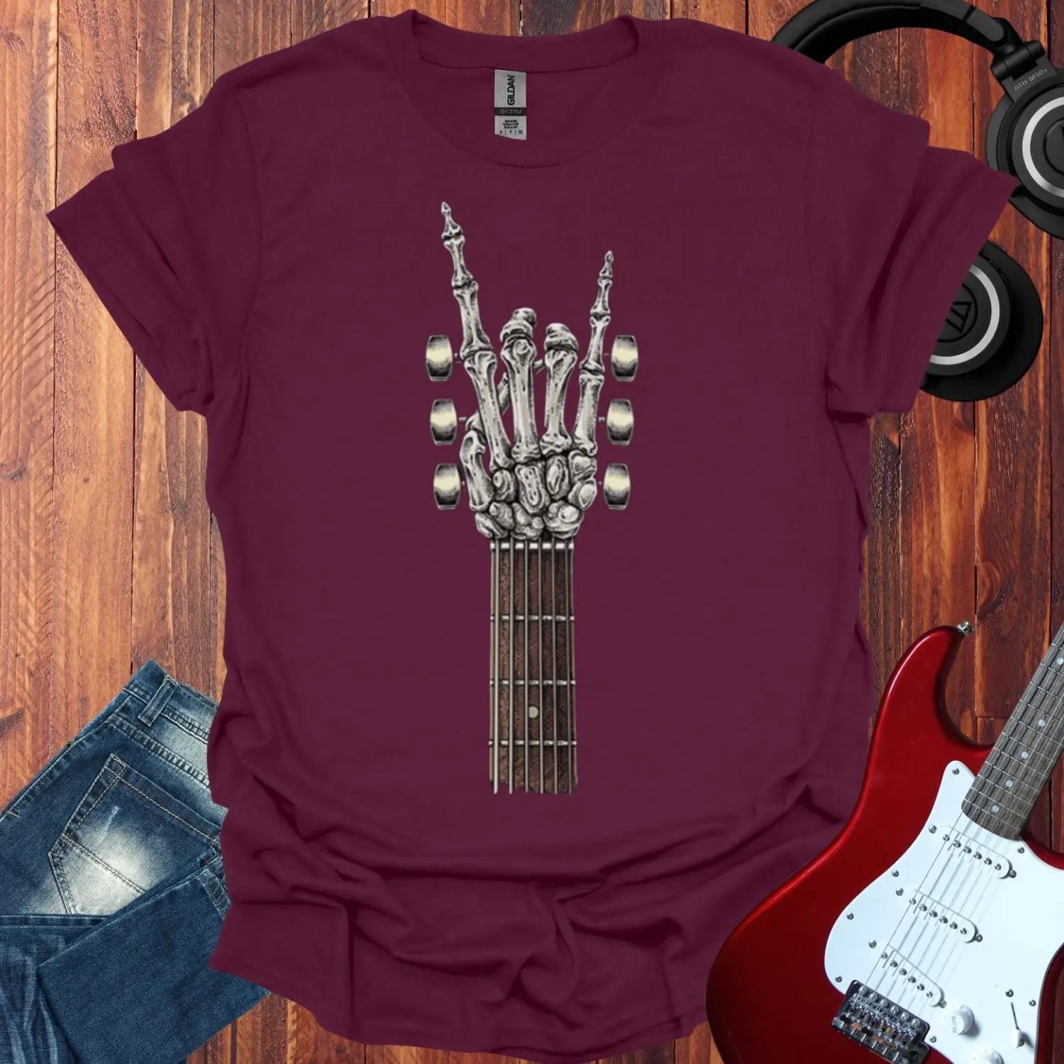 Rock on Skeletal Guitar T-shirt Maroon