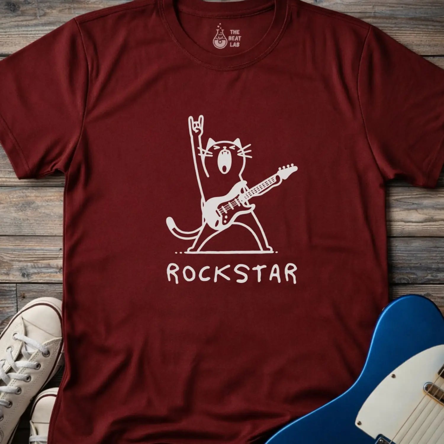 Rockstar Cat T-shirt - Maroon / S - T-Shirt