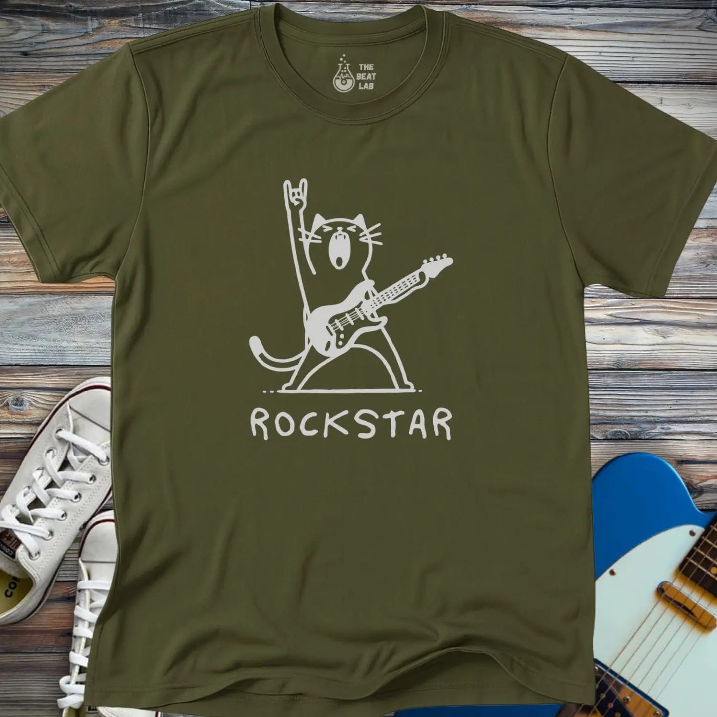Rockstar Cat T-shirt - Military Green / S - T-Shirt