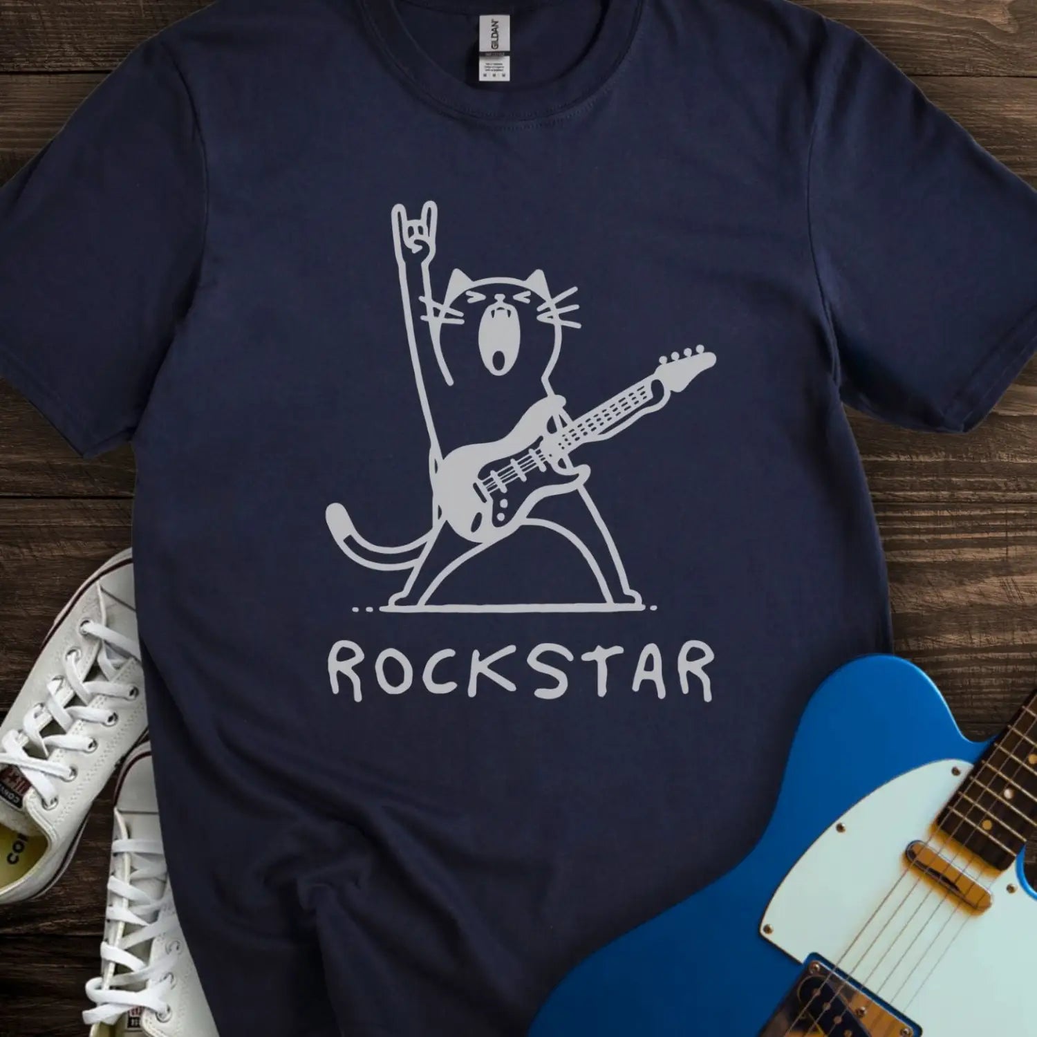 Rockstar Cat T-shirt - Navy / S - T-Shirt