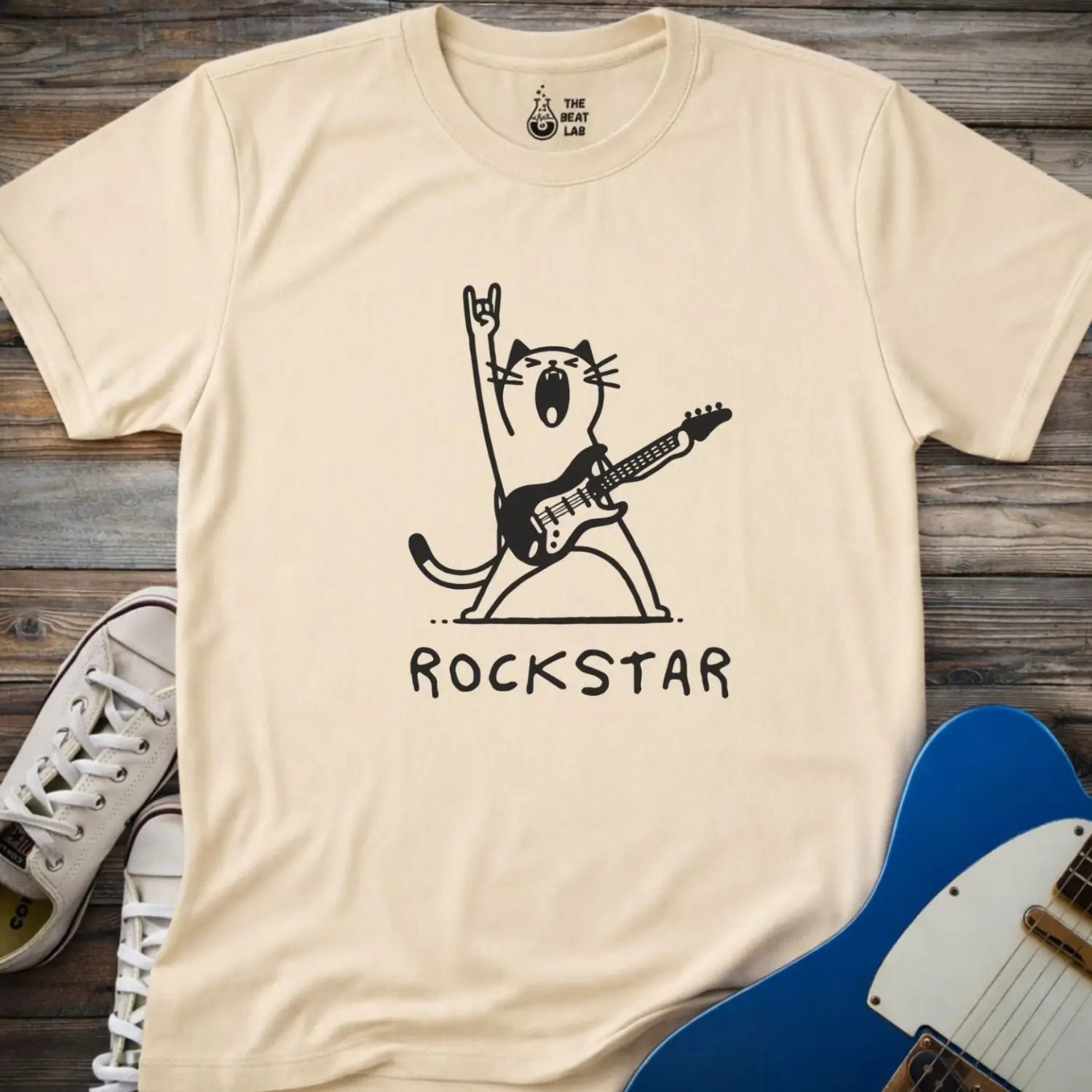 Rockstar Cat T-shirt - Sand / S - T-Shirt