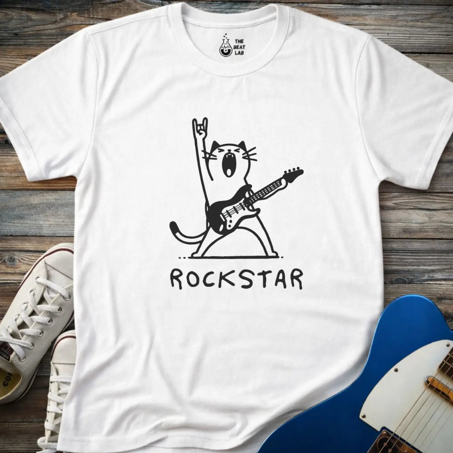 Rockstar Cat T-shirt - White / S - T-Shirt