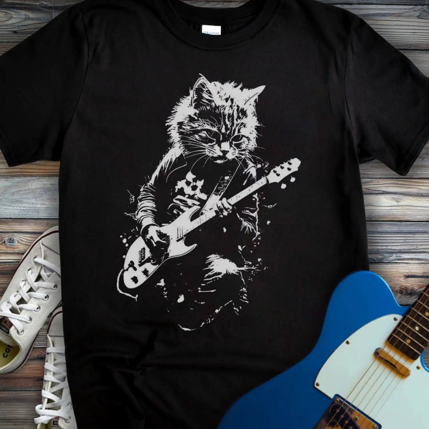 Shredding Rockstar Cat T-shirt - Black / S - T-Shirt