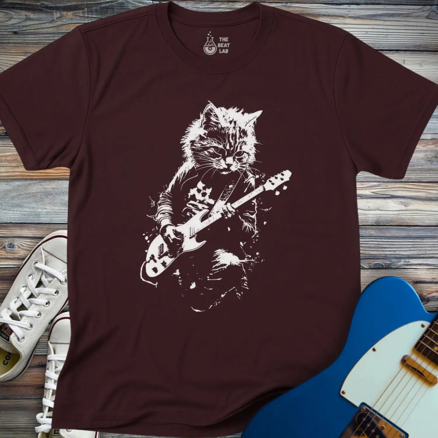 Shredding Rockstar Cat T-shirt - Dark Chocolate / S - T-Shirt