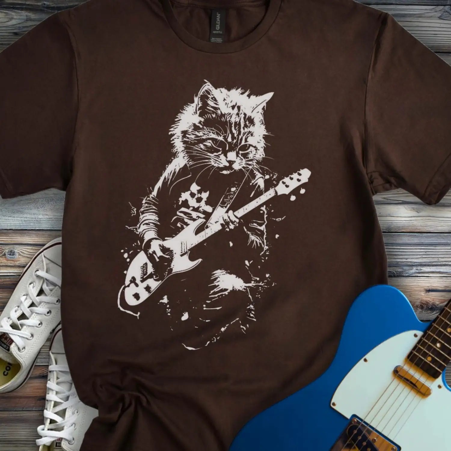 Shredding Rockstar Cat T-shirt - Dark Chocolate / S - T-Shirt