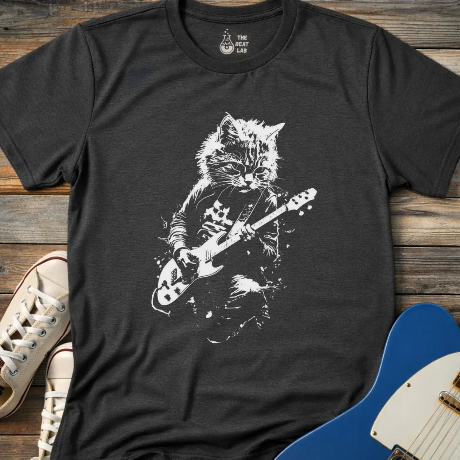 Shredding Rockstar Cat T-shirt - Dark Heather Grey / S - T-Shirt