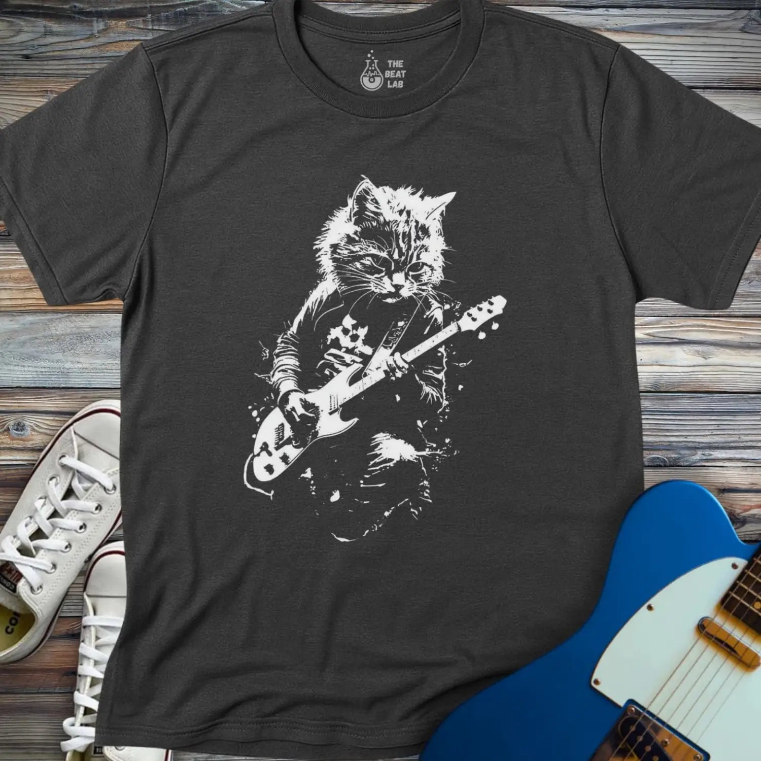 Shredding Rockstar Cat T-shirt - Dark Heather Grey / S - T-Shirt