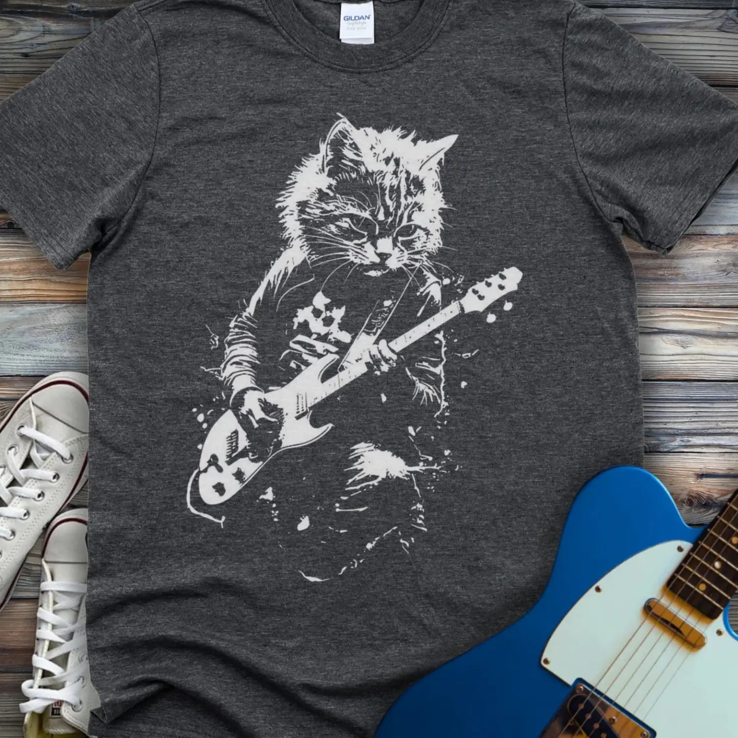 Shredding Rockstar Cat T-shirt - Dark Heather Grey / S - T-Shirt