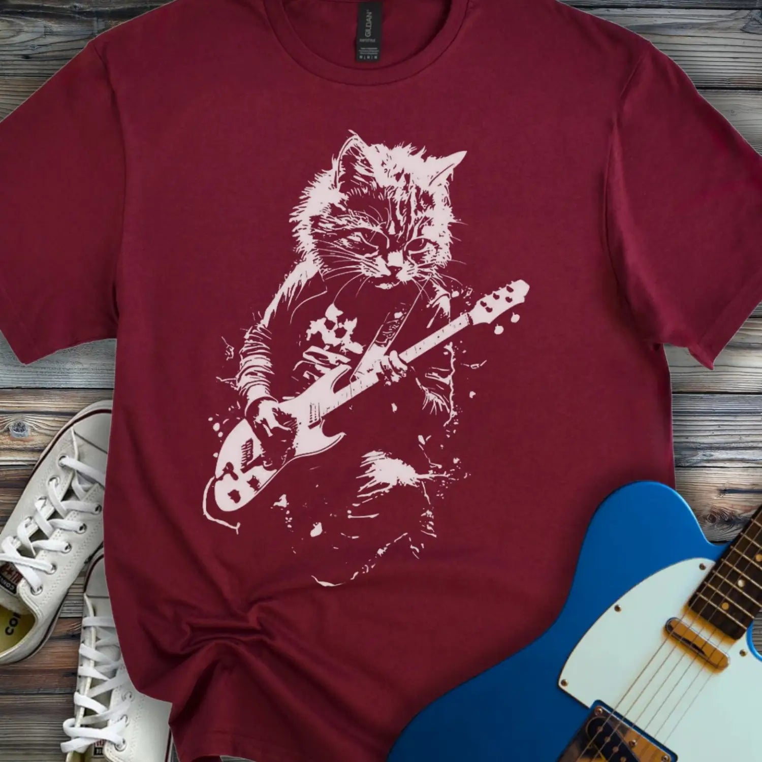 Shredding Rockstar Cat T-shirt - Maroon / S - T-Shirt