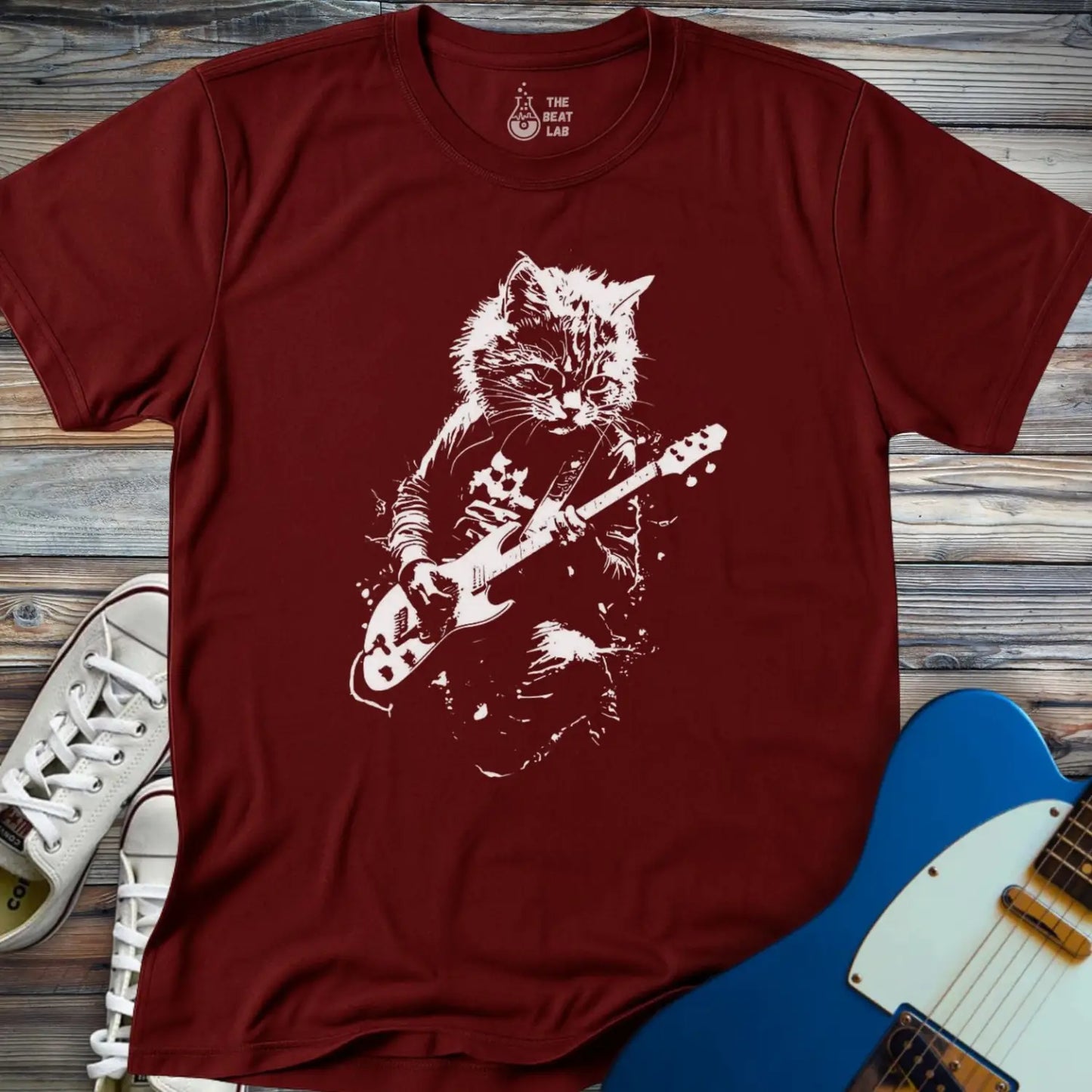 Shredding Rockstar Cat T-shirt - Maroon / S - T-Shirt