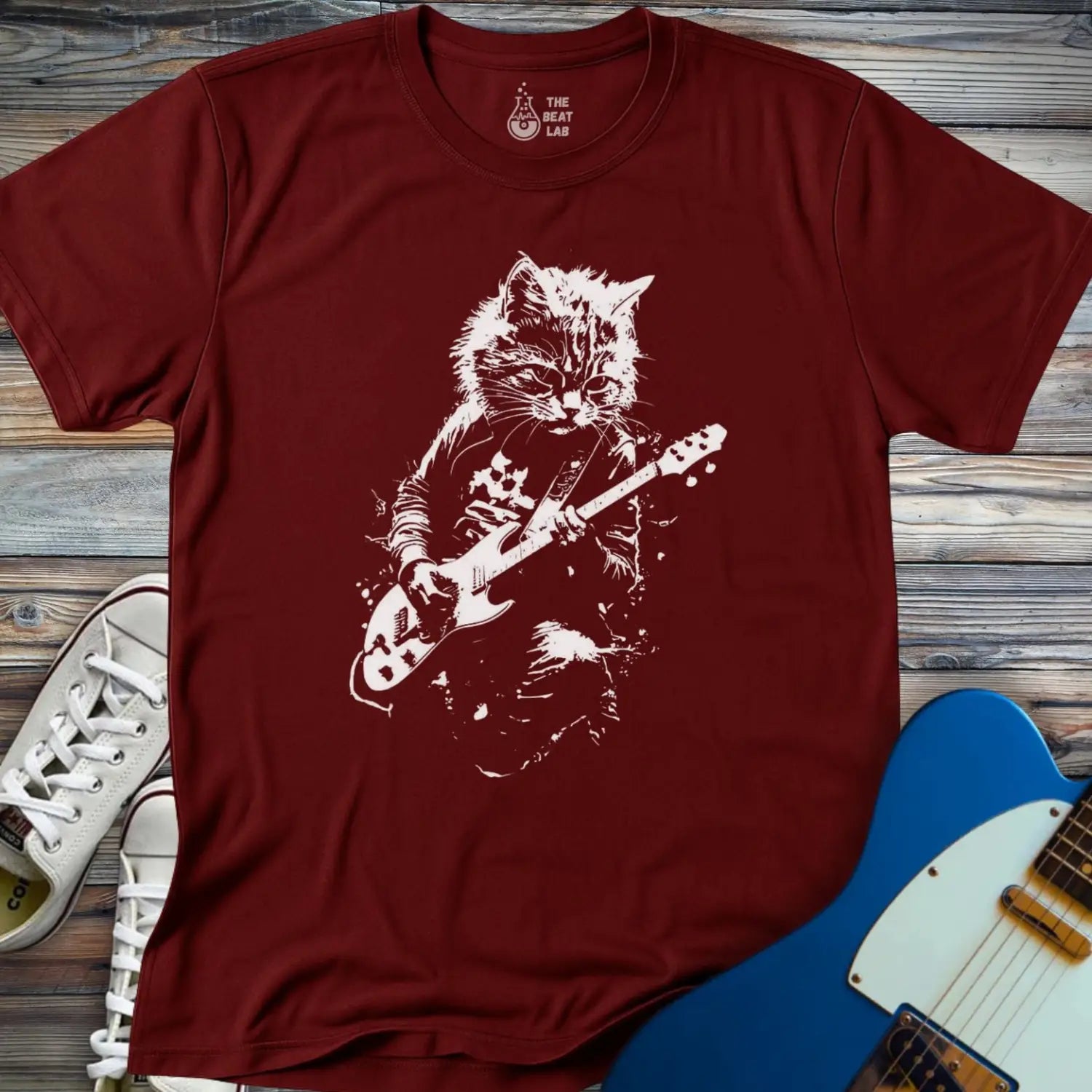 Shredding Rockstar Cat T-shirt - Maroon / S - T-Shirt