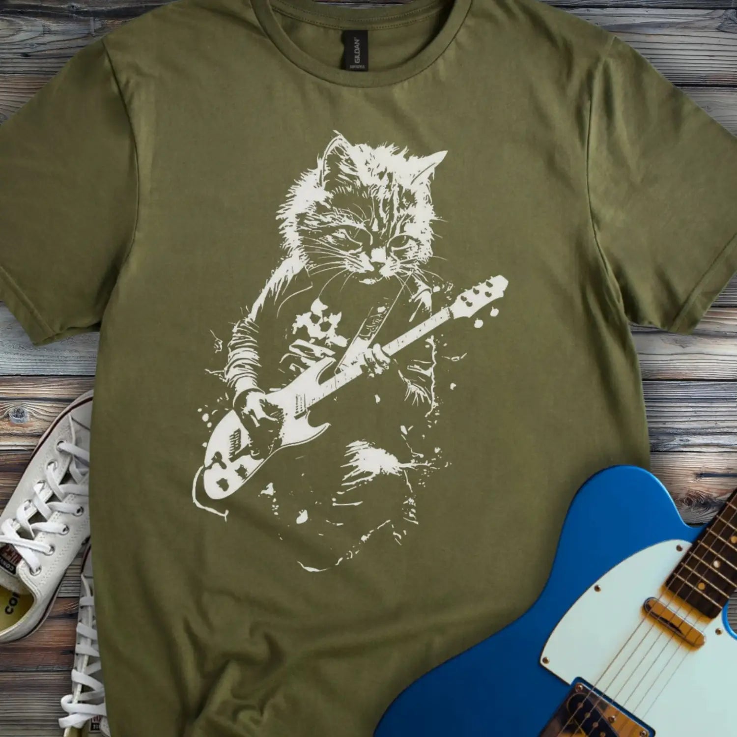 Shredding Rockstar Cat T-shirt - Military Green / S - T-Shirt