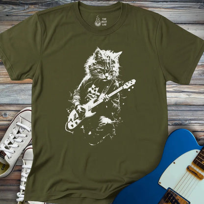 Shredding Rockstar Cat T-shirt - Military Green / S - T-Shirt