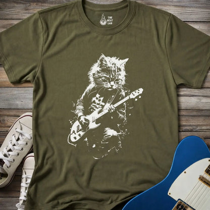 Shredding Rockstar Cat T-shirt - Military Green / S - T-Shirt