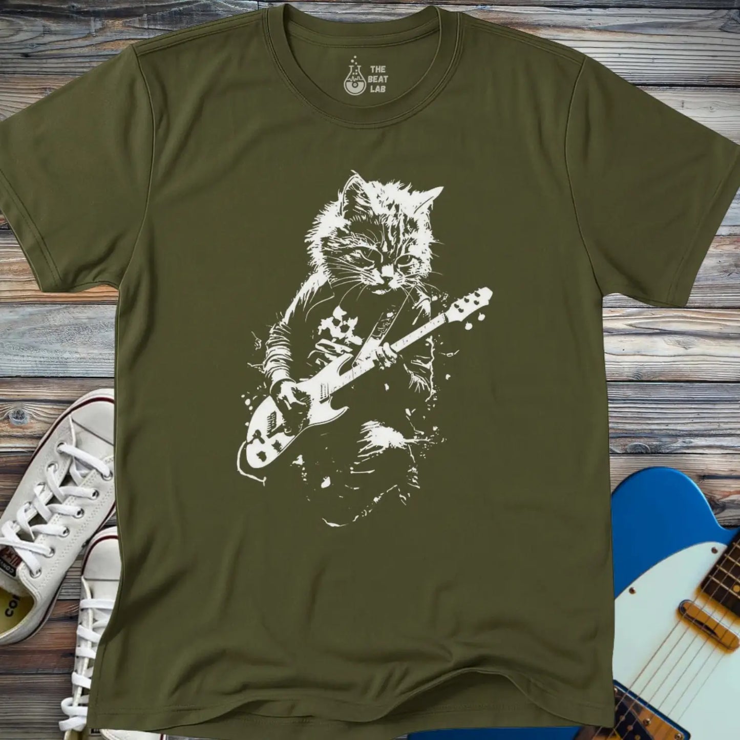 Shredding Rockstar Cat T-shirt - Military Green / S - T-Shirt