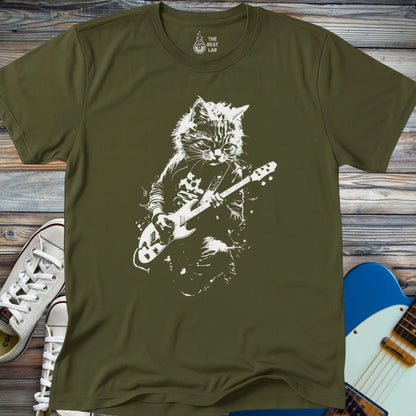 Shredding Rockstar Cat T-shirt - Military Green / S - T-Shirt