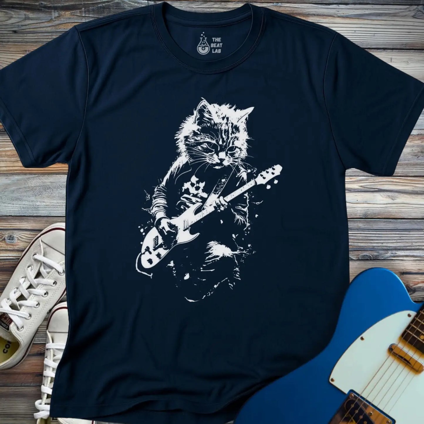 Shredding Rockstar Cat T-shirt - Navy / S - T-Shirt