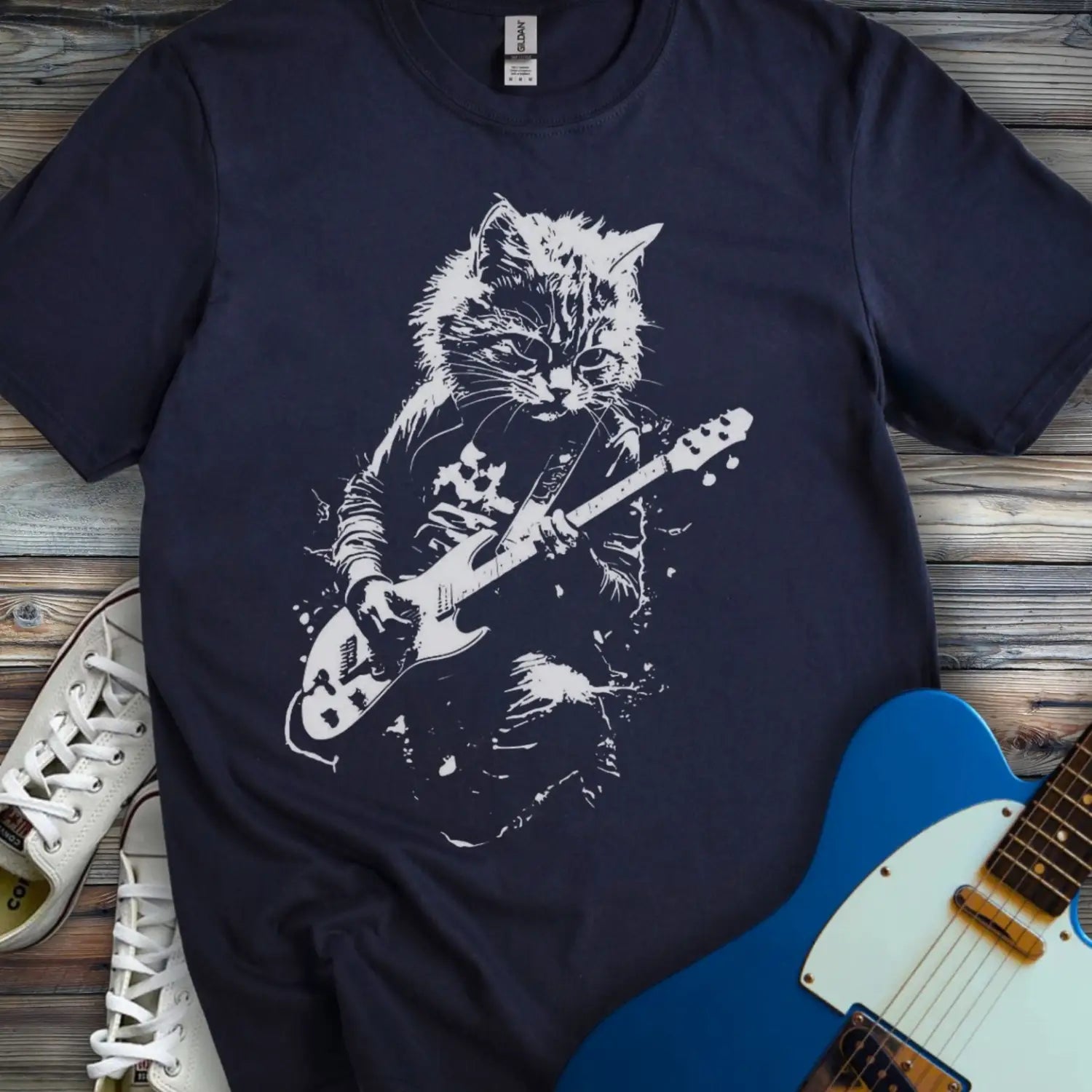 Shredding Rockstar Cat T-shirt - Navy / S - T-Shirt