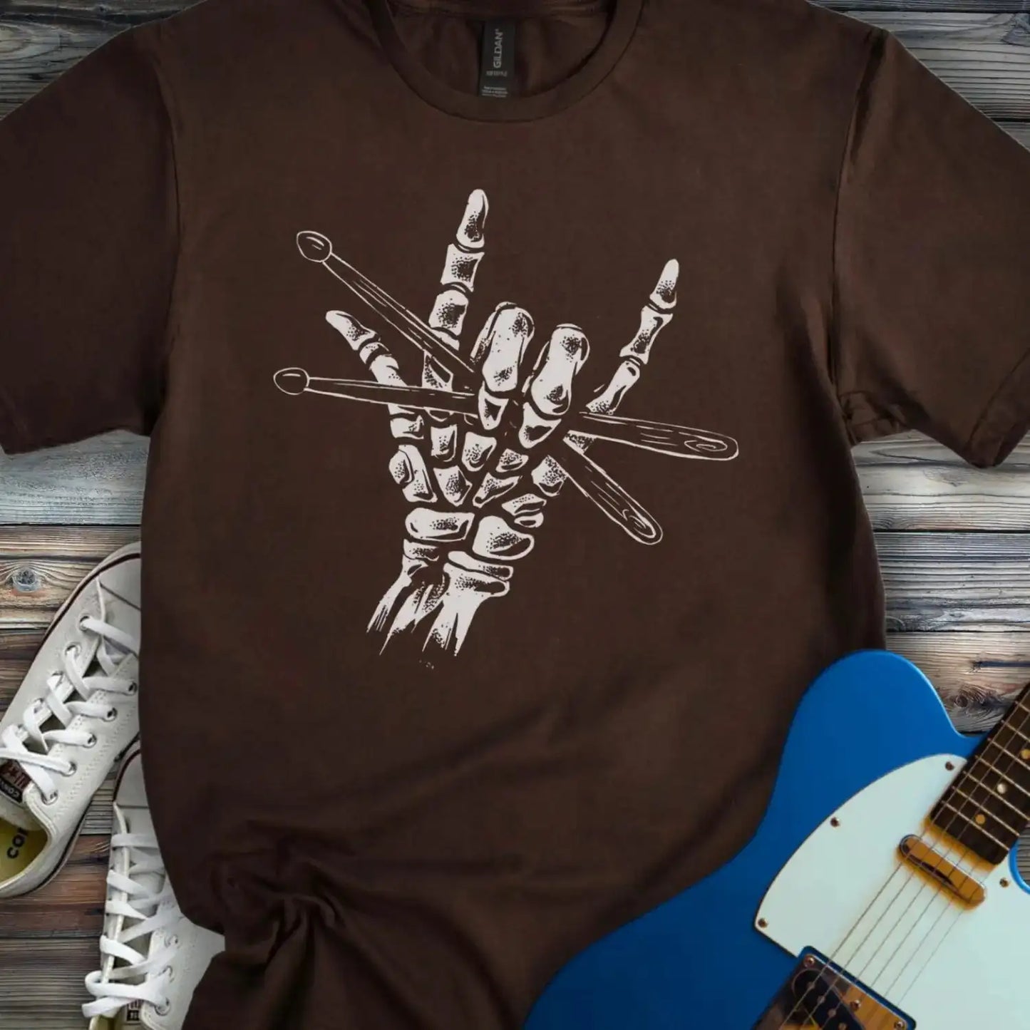 Skeletal Drummer T-shirt Dark Chocolate