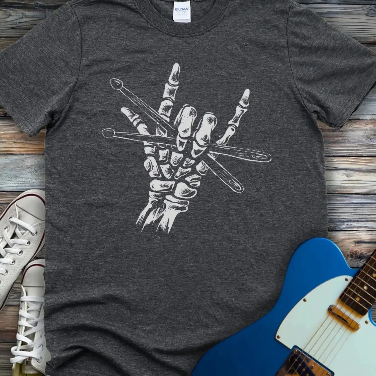 Skeletal Drummer T-shirt Dark Heather Grey