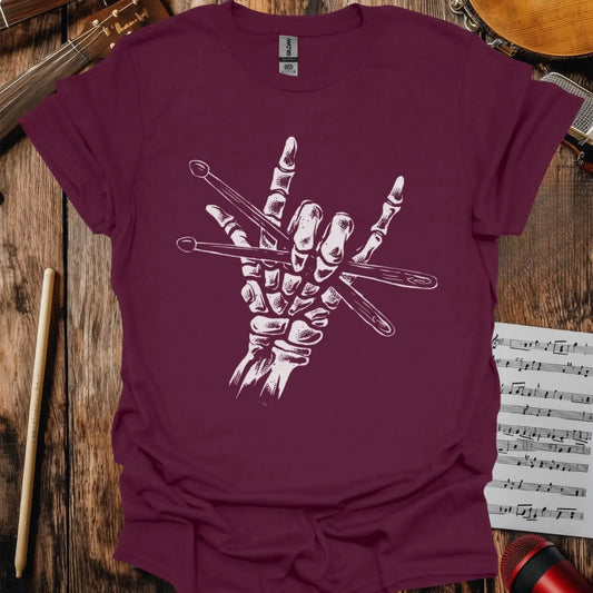 Skeleton Drummer Rock On T-shirt Maroon
