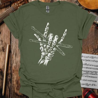 Skeleton Drummer Rock On T-shirt Military Green