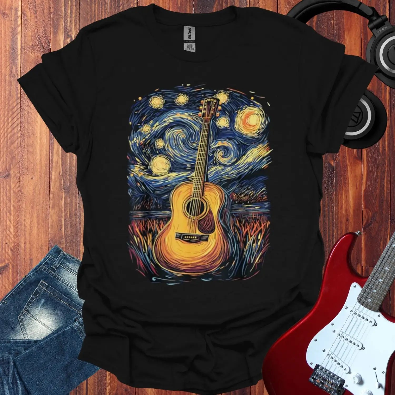 Starry Night Guitar Symphony T-shirt Black