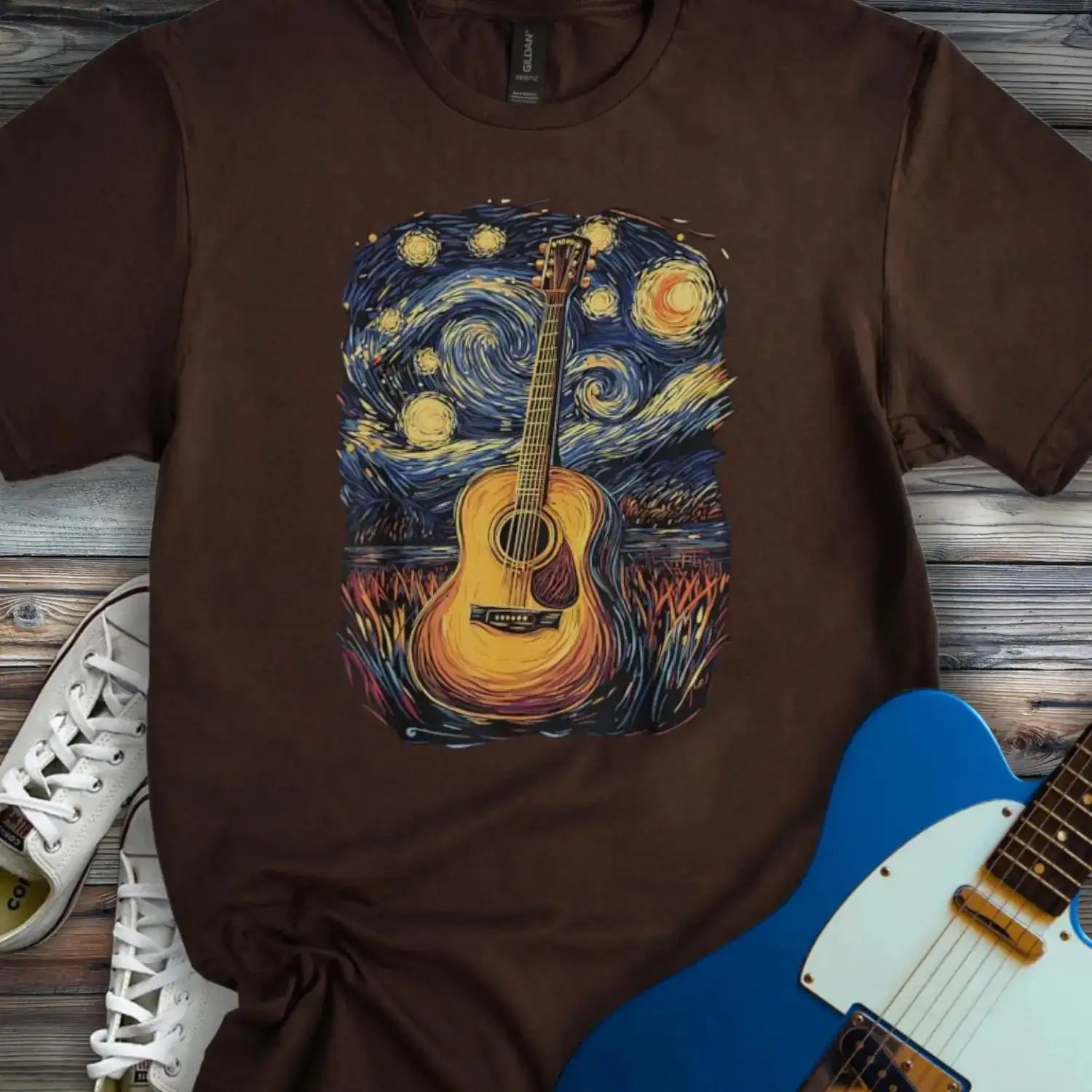 Starry Night Guitar T-shirt Dark Chocolate