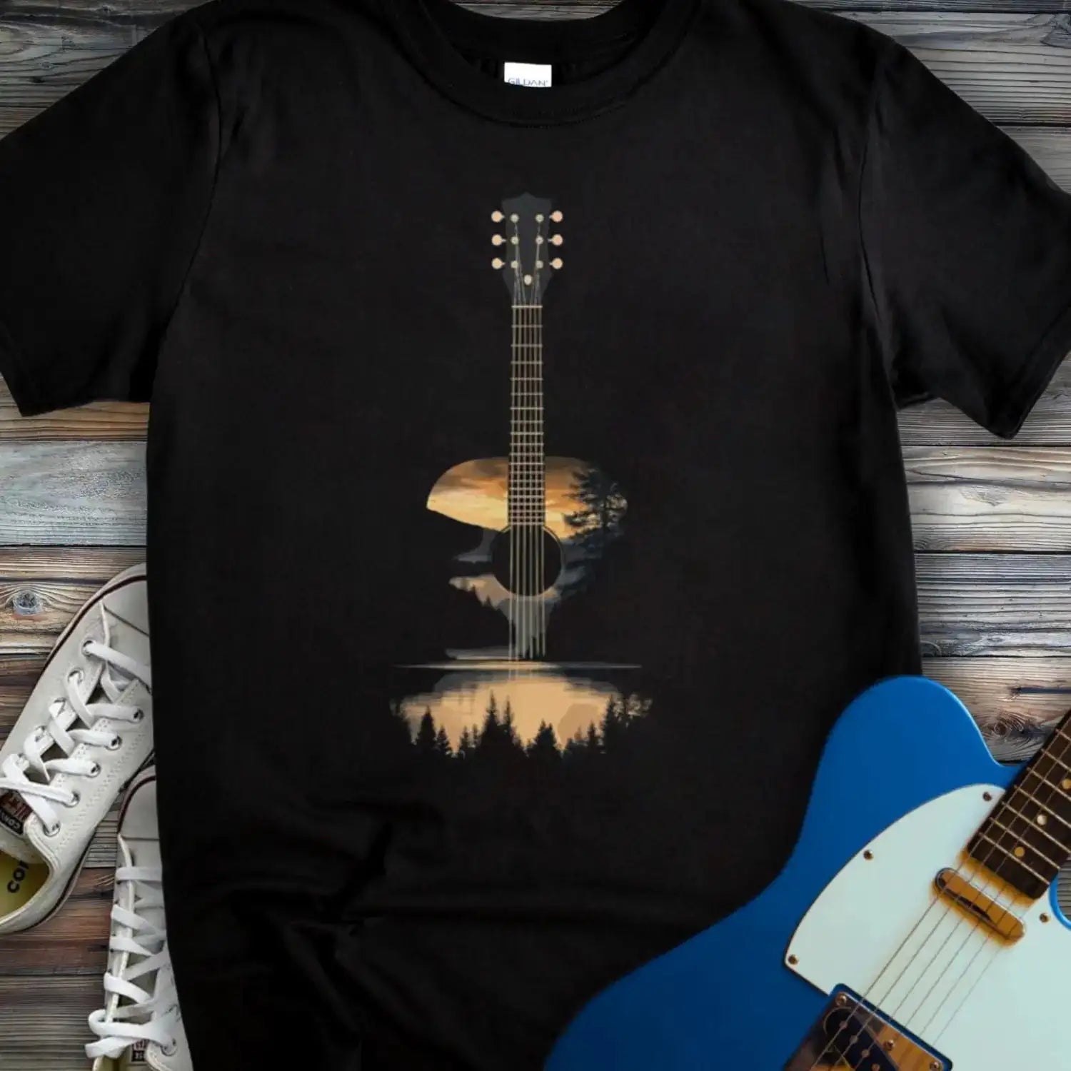 Sunset Forest Guitar T-shirt Black