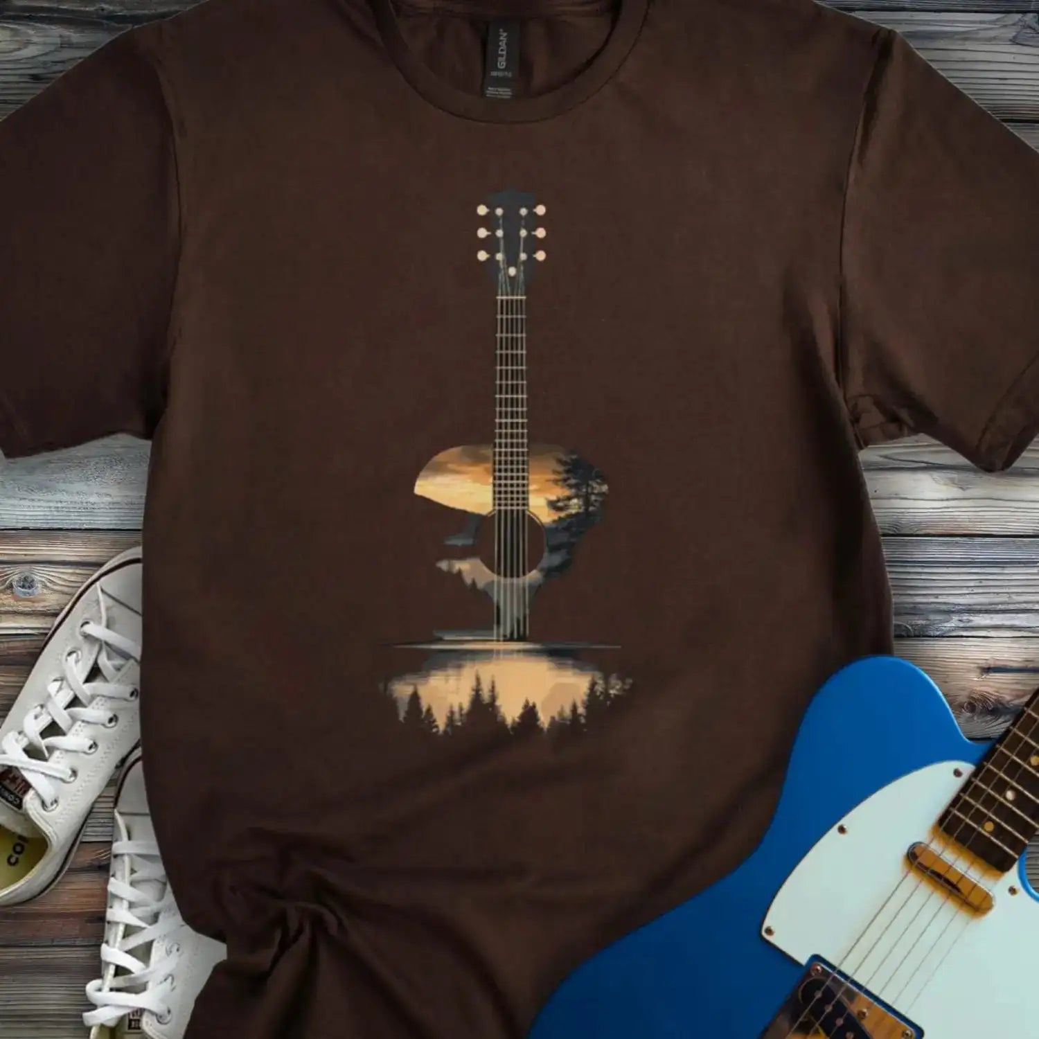 Sunset Forest Guitar T-shirt Dark Chocolate