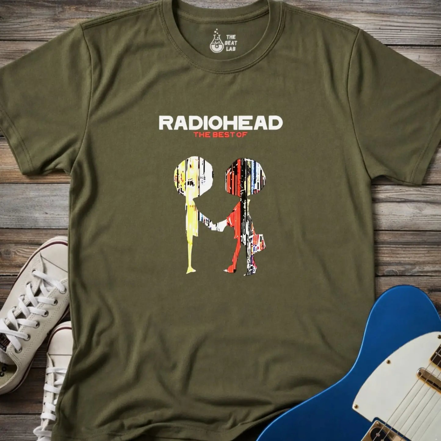 Military Green color adult unisex gildan 64000 shirt featuring The Best of Radiohead album