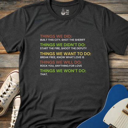 Dark heather grey color of gildan 64000 t-shirt featuring iconic classic rock song lyrics, retro shirt for men women