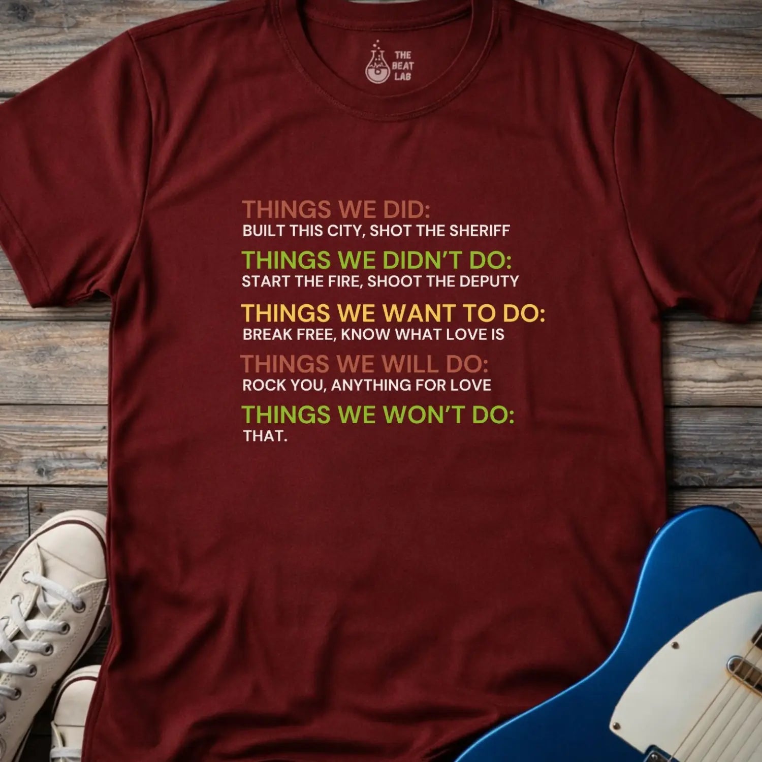 Maroon color of gildan 64000 t-shirt featuring iconic classic rock song lyrics, retro shirt for men women