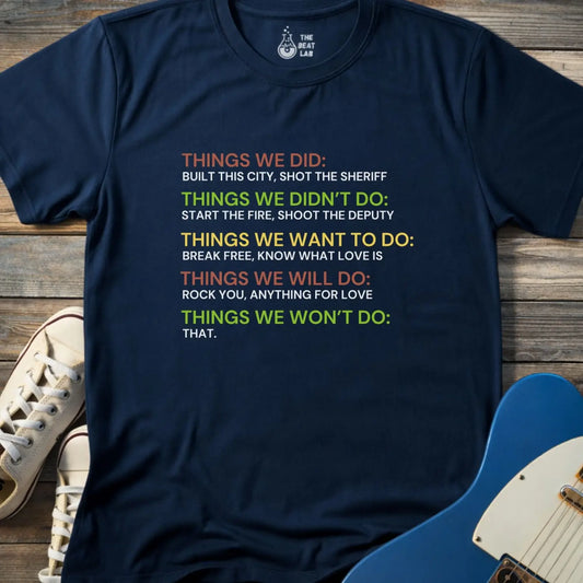 Navy blue color of gildan 64000 t-shirt featuring iconic classic rock song lyrics, retro shirt for men women