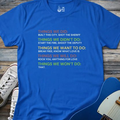 Royal blue color of gildan 64000 t-shirt featuring iconic classic rock song lyrics, retro shirt for men women