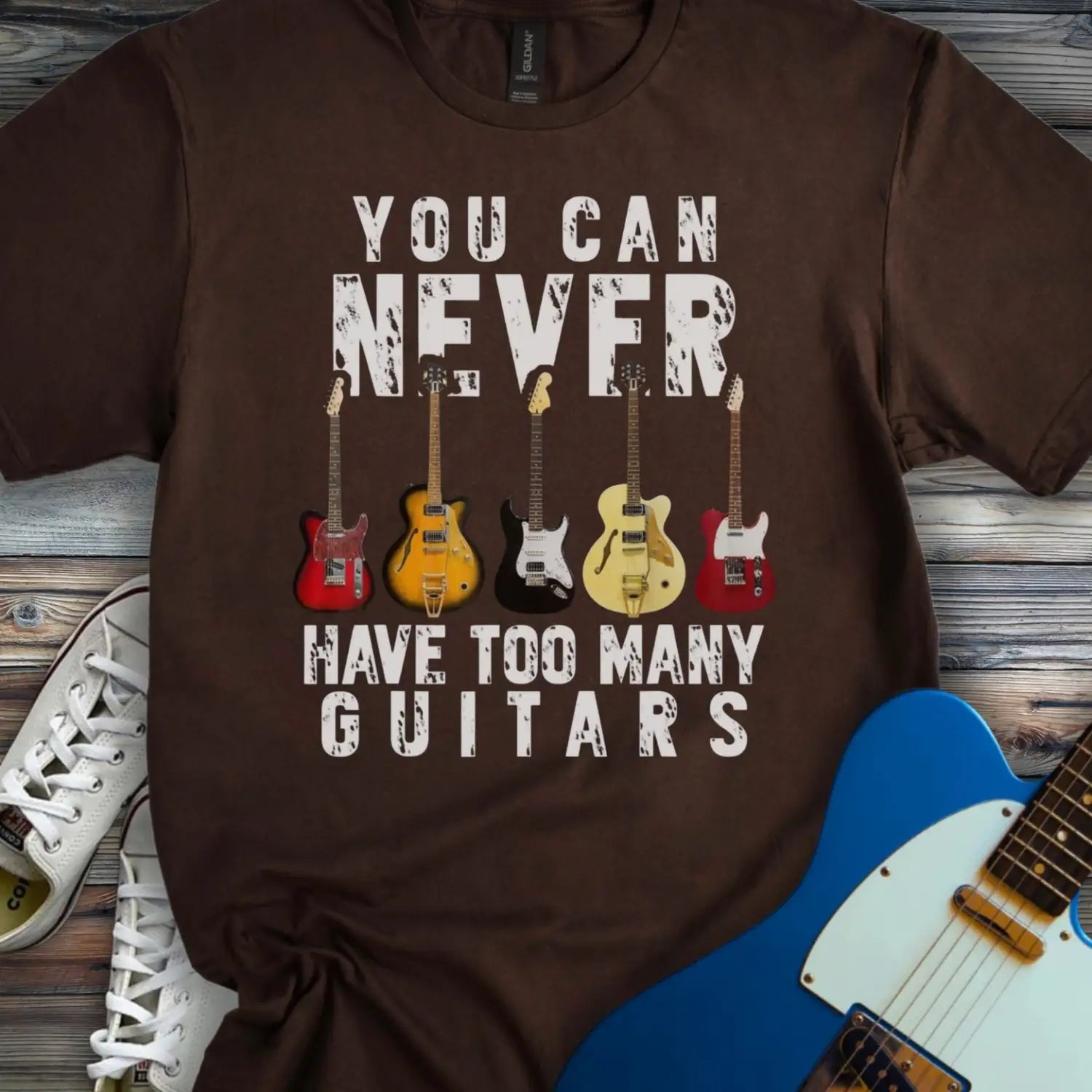 Too Many Guitars T-shirt Dark Chocolate